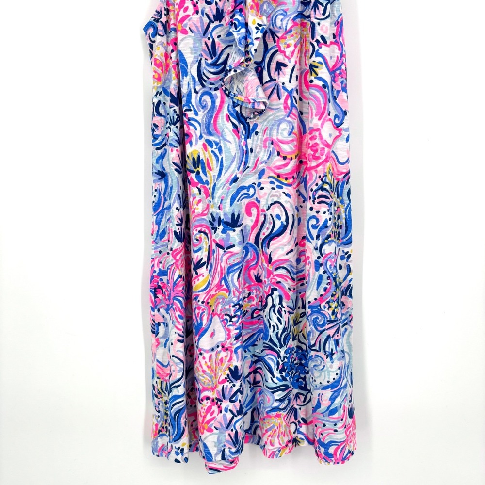 Lilly Pulitzer Shay Ruffle Dress Sz L So Sofishticated Print Pink Blue Preppy - Picture 6 of 12